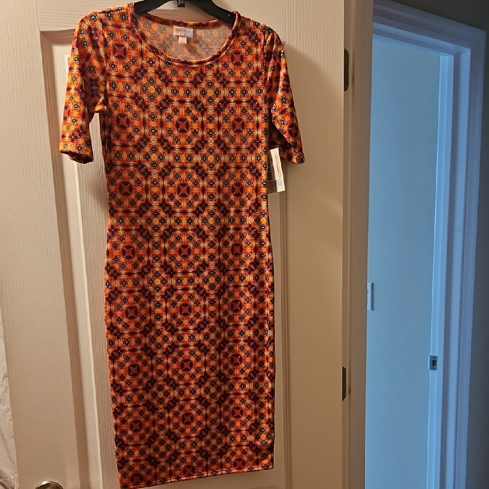 LuLaRoe Julia Geometric Patterned Dress - Orange and Black